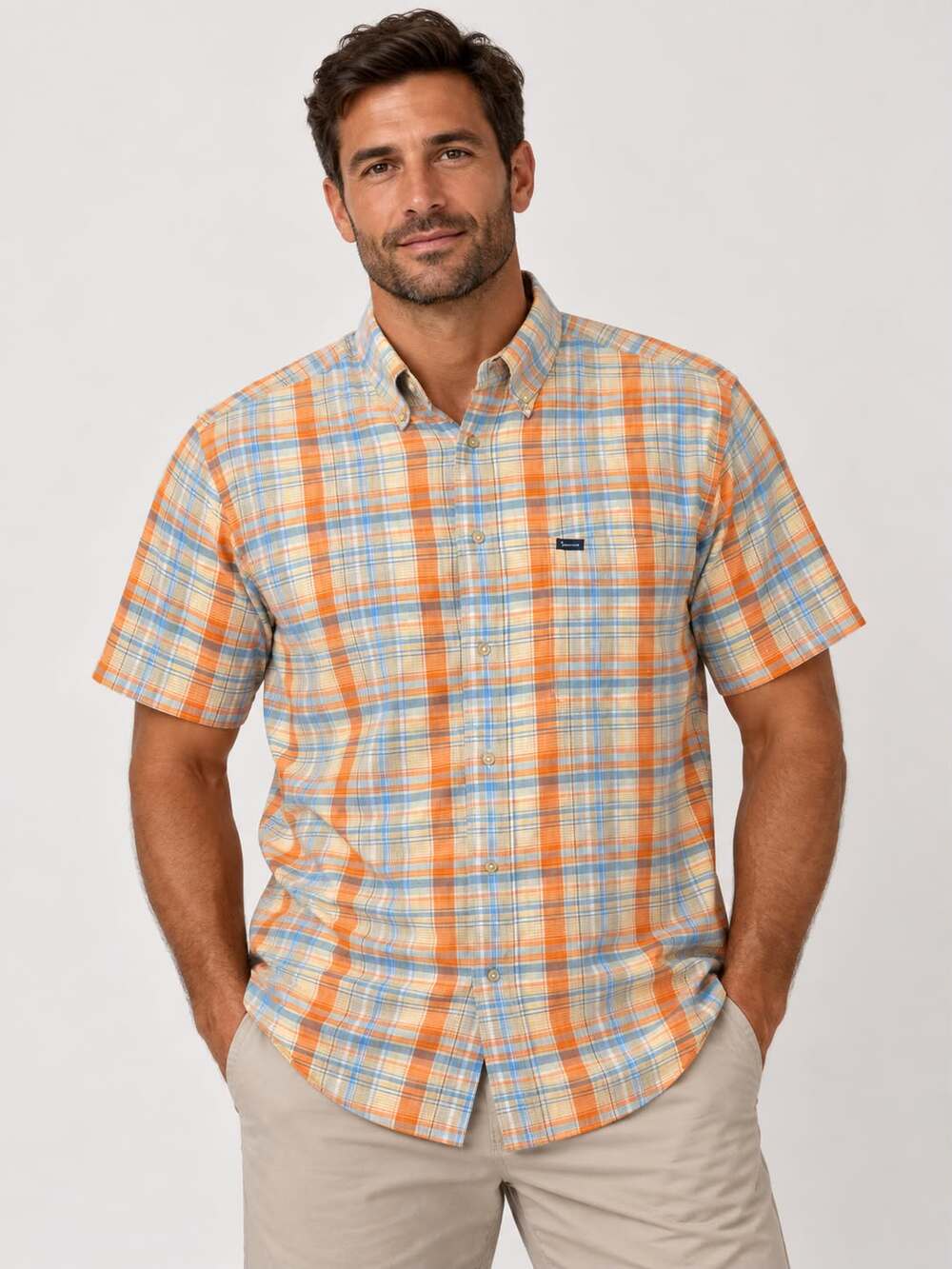 Façonnable Orange Blue Plaid Shirt L Coastal Grandpa Preppy Resort